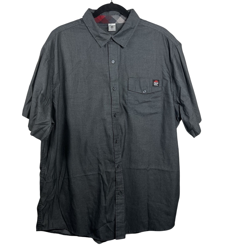 VTG Pizza Hut Gray Mens XL Short Sleeve Button Up Pocket Plaid Uniform Shirt Y2K